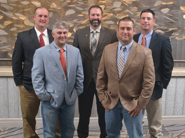 Pictured are the 2016 DTN/the Progressive Farmer Best Young Farmers and Ranchers Program honorees. Front row, left to right: Bo Norris, South Carolina; Marty Williams, Oklahoma. Back row, left to right: Andrew Crush, Virginia; Matthew Elfrid, California; Cody Goodknight, Oklahoma. (DTN/The Progressive Farmer photo by Jim Patrico)